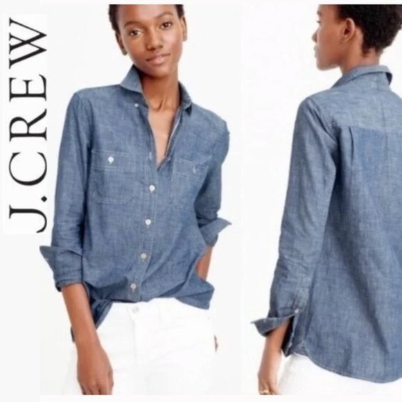 J. Crew Tops - J Crew Blue Long Sleeve Chambray Denim Jean Shirt Medium